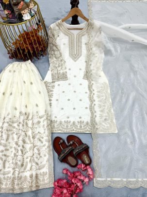 Elegant White Pure Gmy Silk Plazzo Suit With Sequence Coding Dori Work Dupatta