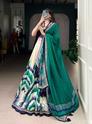 Elegant White Tasar Silk Tie And Dye Printed Lehenga With Navy Blue Chex Blouse