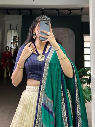 Elegant White Tasar Silk Tie And Dye Printed Lehenga With Navy Blue Chex Blouse