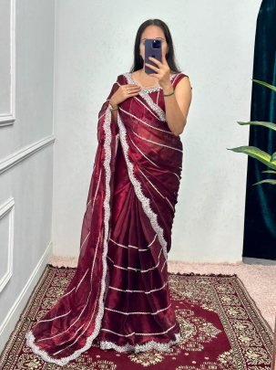 Elegant Wine Burberry Cut Work Border Saree With Matching Burberry Blouse