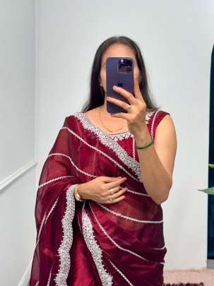 Elegant Wine Burberry Cut Work Border Saree With Matching Burberry Blouse