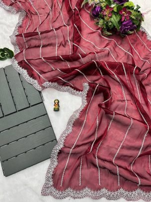 Elegant Wine Burberry Cut Work Border Saree With Matching Burberry Blouse