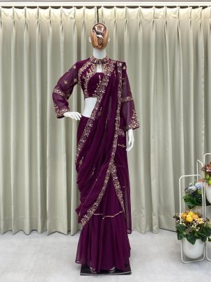 Elegant Wine Faux Georgette Ruffle Ready To Wear Embroidery Saree