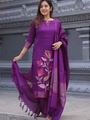 Elegant Wine Straight Blended Silk Kurti Set 