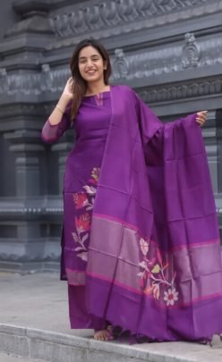 Elegant Wine Straight Blended Silk Kurti Set