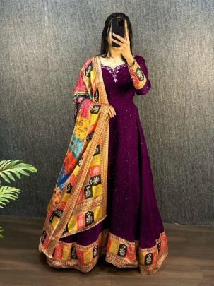 Elegant Wine Viscose Georgette Embroidered Gown With Chinon Dupatta