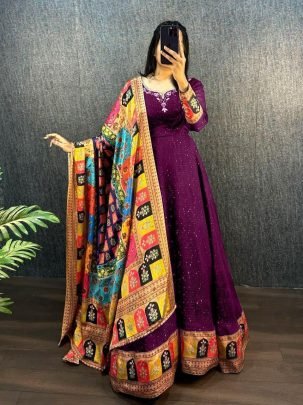 Elegant Wine Viscose Georgette Embroidered Gown With Chinon Dupatta