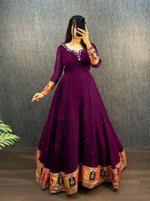 Elegant Wine Viscose Georgette Embroidered Gown With Chinon Dupatta