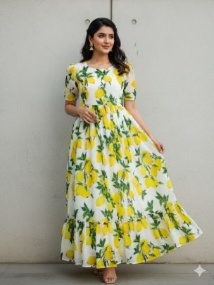 Elegant Yellow Flavor Printed Fox Georgette Short Sleeves Dress