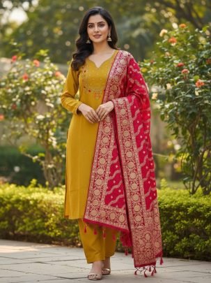 Elegant Yellow Handwork Roman Silk Suit With Jacquard Red Dupatta