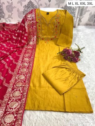 Elegant Yellow Handwork Roman Silk Suit With Jacquard Red Dupatta