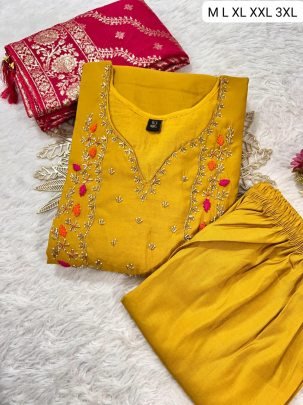 Elegant Yellow Handwork Roman Silk Suit With Jacquard Red Dupatta