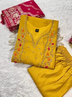 Elegant Yellow Handwork Roman Silk Suit With Jacquard Red Dupatta