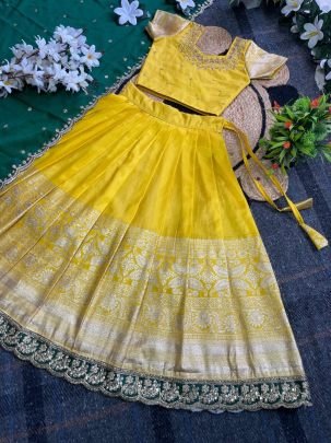 Elegant Yellow Pure Silk Kids Lehenga Choli With Maggam Work