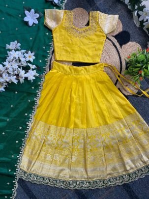 Elegant Yellow Pure Silk Kids Lehenga Choli With Maggam Work