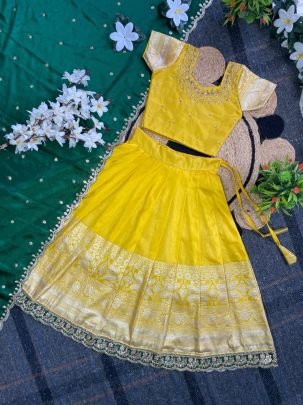 Elegant Yellow Pure Silk Kids Lehenga Choli With Maggam Work