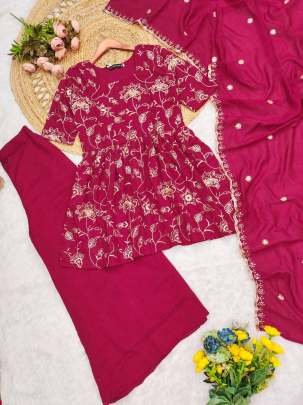 Elevate Pink Embroidered Vichitra Silk Sharara With Matching Dupatta And Palazzo