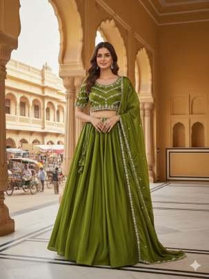 Embroidered Chinnon Silk Crop Top Lehenga With Blouse Skirt And Dupptta