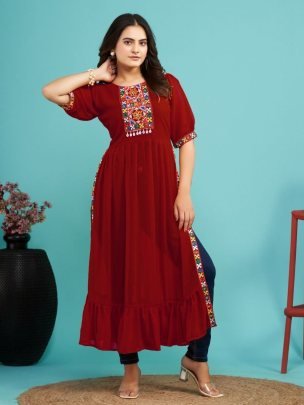 Embroidered Neck Red Colour Navratri Kurti