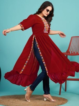 Embroidered Neck Red Colour Navratri Kurti