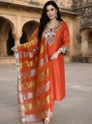 Embroidered  Orange  Colour  Kurti  3 Pcs Set