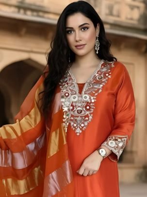 Embroidered  Orange  Colour  Kurti  3 Pcs Set