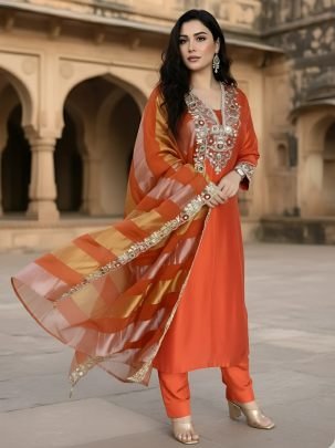 Embroidered  Orange  Colour  Kurti  3 Pcs Set