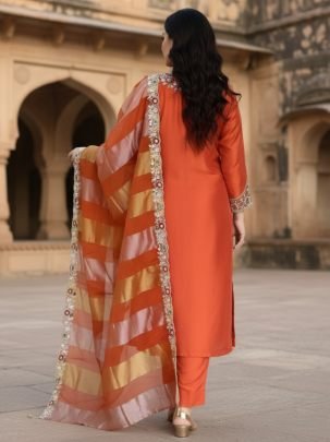 Embroidered  Orange  Colour  Kurti  3 Pcs Set