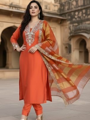 Embroidered  Orange  Colour  Kurti  3 Pcs Set