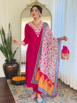 Embroidered Pink Kurti With Pant And Floral Dupatta