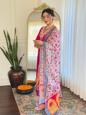 Embroidered Pink Kurti With Pant And Floral Dupatta