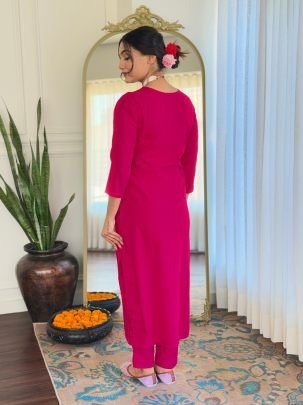 Embroidered Pink Kurti With Pant And Floral Dupatta