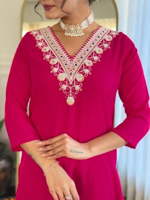 Embroidered Pink Kurti With Pant And Floral Dupatta