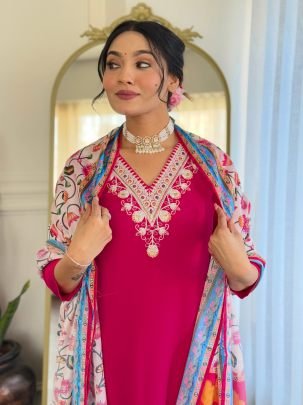 Embroidered Pink Kurti With Pant And Floral Dupatta