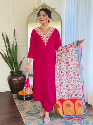 Embroidered Pink Kurti With Pant And Floral Dupatta