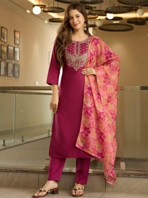 Embroidered Straight Kurta with Pant And Dupatta