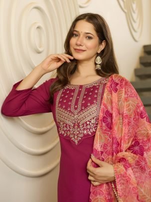 Embroidered Straight Kurta with Pant And Dupatta