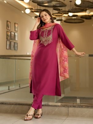 Embroidered Straight Kurta with Pant And Dupatta