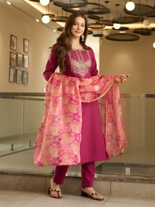 Embroidered Straight Kurta with Pant And Dupatta