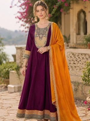 Embroidered Wine Colour Anarkali Suit