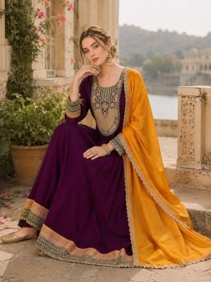Embroidered Wine Colour Anarkali Suit