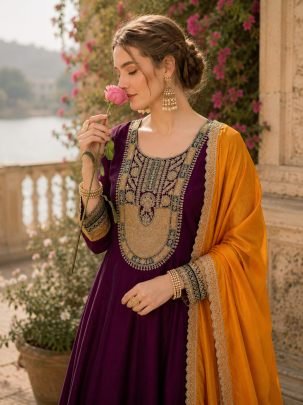Embroidered Wine Colour Anarkali Suit