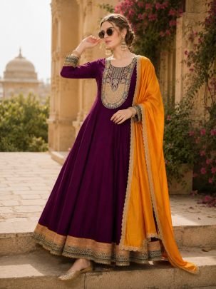 Embroidered Wine Colour Anarkali Suit