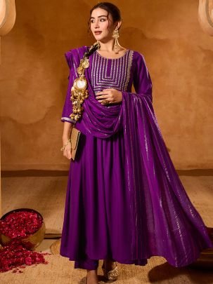 Embroidered Work Purple Colour Ready Made Suit