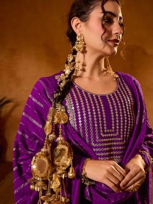 Embroidered Work Purple Colour Ready Made Suit