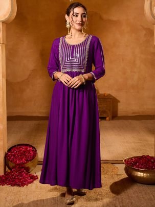 Embroidered Work Purple Colour Ready Made Suit