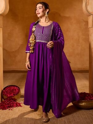 Embroidered Work Purple Colour Ready Made Suit