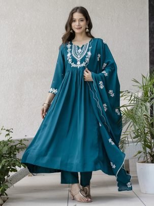 Embroidered Work Rama Colour Kurti Pant With Dupatta