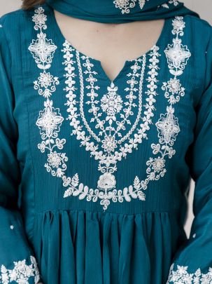 Embroidered Work Rama Colour Kurti Pant With Dupatta