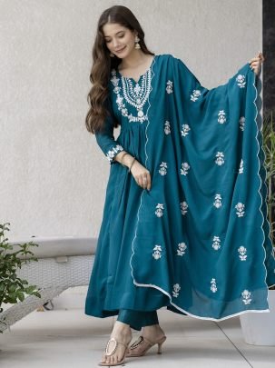 Embroidered Work Rama Colour Kurti Pant With Dupatta